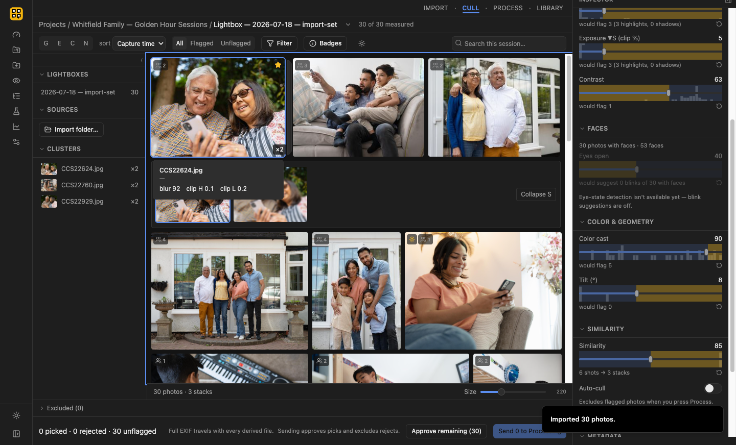 Near-duplicate photos automatically clustered into stacks on the staging lightbox, with live culling metrics in the inspector rail