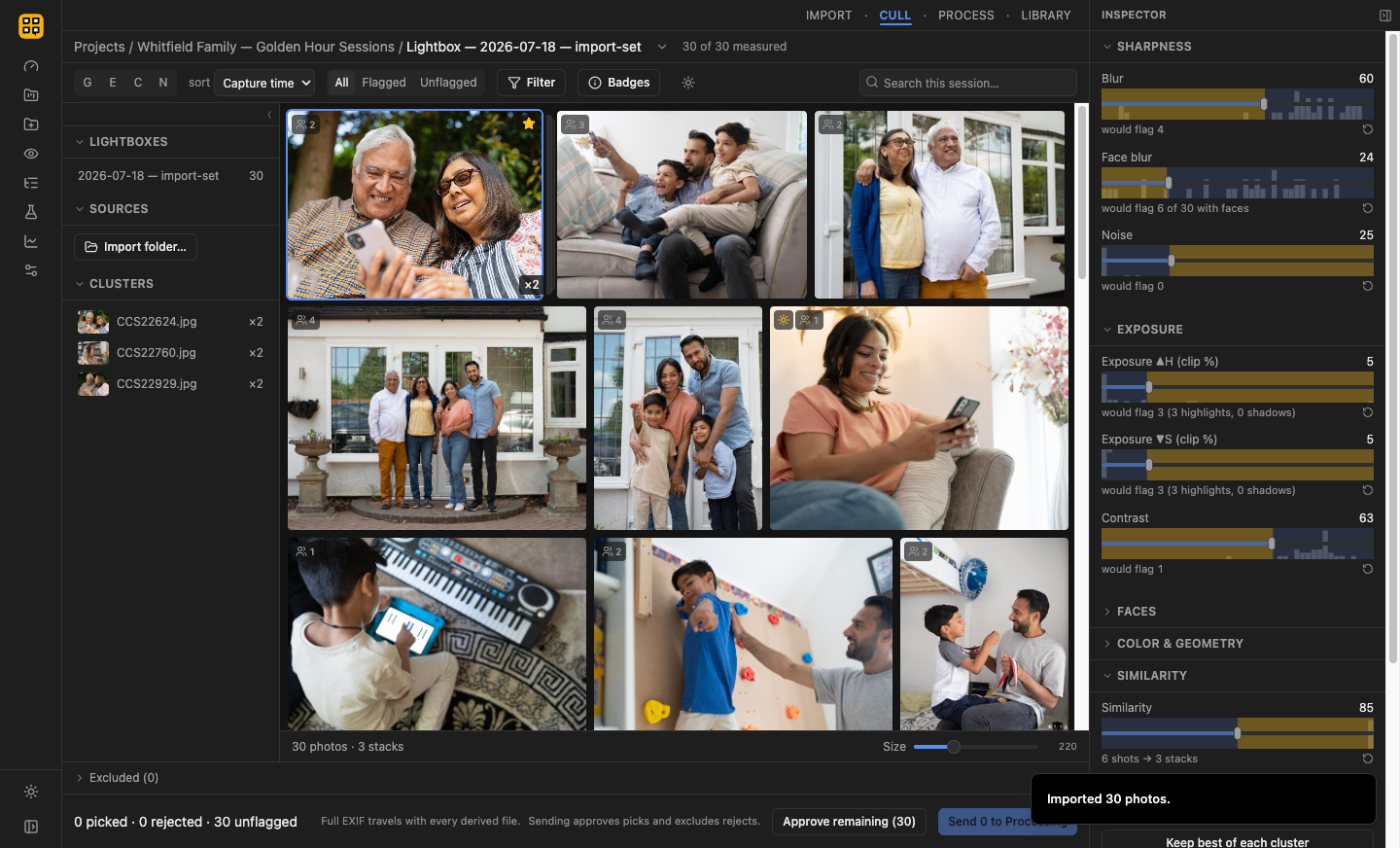 BLOCK WORKS staging lightbox showing a culled shoot with blur, exposure, and duplicate badges on thumbnails, live threshold sliders in the side rail