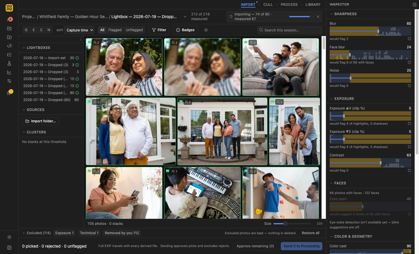 Import in progress on the staging lightbox, showing real-time thumbnail population and per-file status