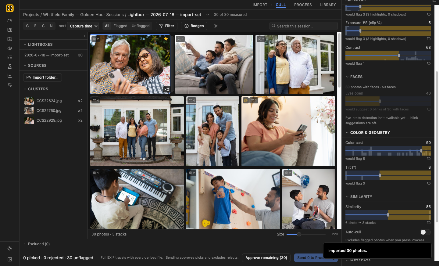 Staging lightbox with the tuning rail open, showing live blur/exposure/similarity threshold sliders