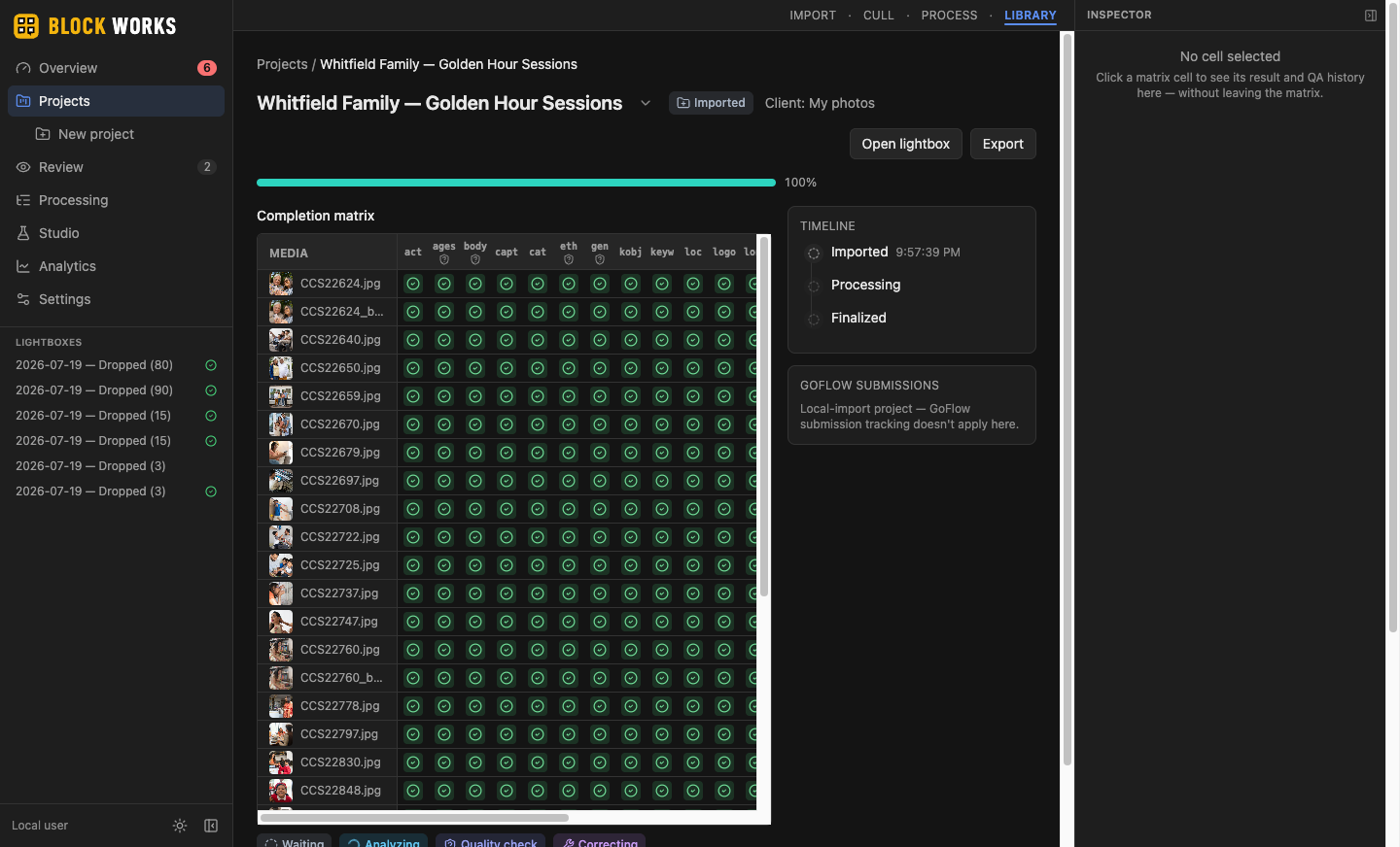 Project detail and export screen