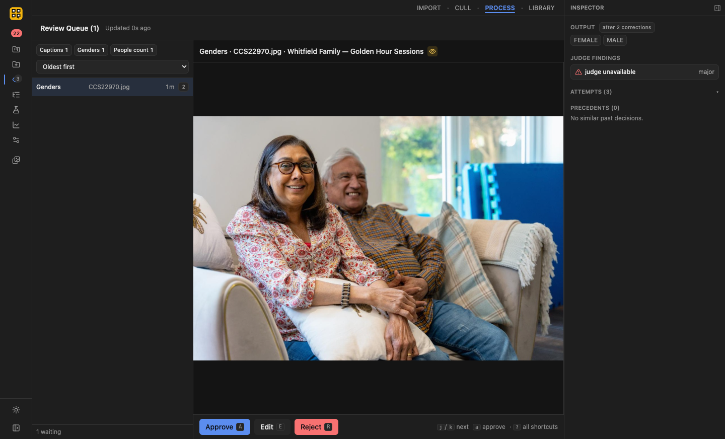 Review queue showing AI-generated keywords and captions awaiting a human decision